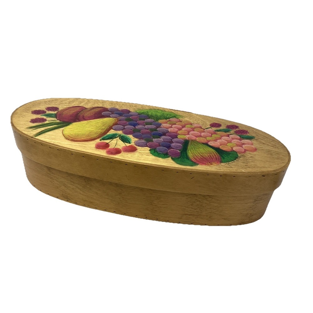 Vtg Handpainted Fruit Wooden Oval 16" Lidded Box French Country Signed